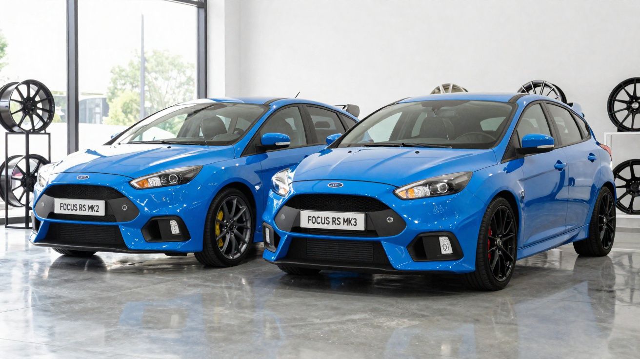 Dois carros Ford Focus RS azuis alinhados num showroom com jantes expostas ao fundo.