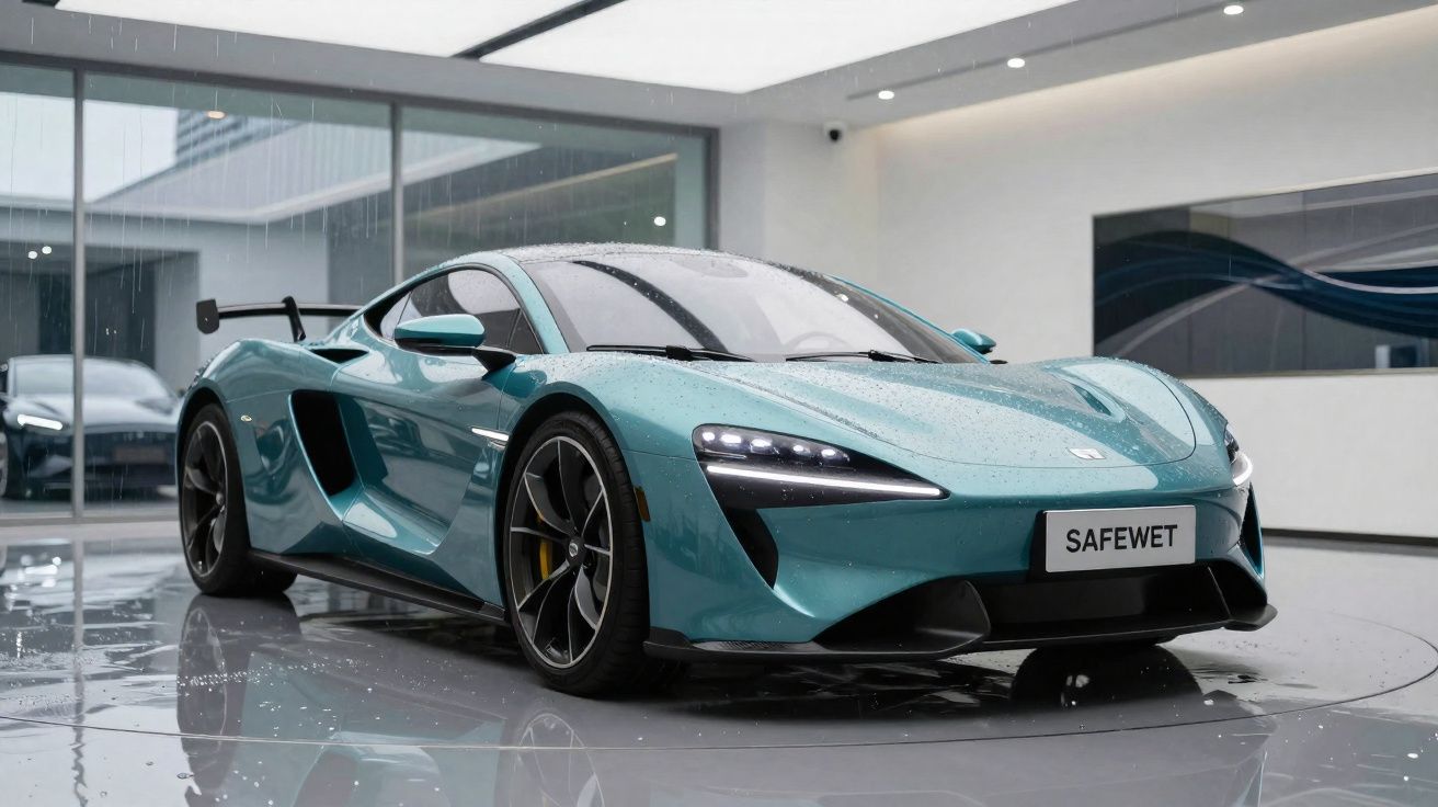 Carro desportivo azul metálico com gotas de água em exposição numa sala moderna com chão espelhado.
