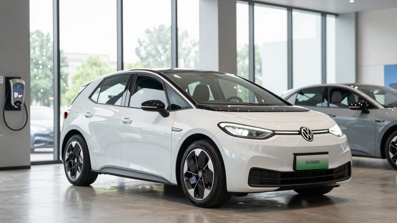 Carro elétrico branco Volkswagen EV 20000 exposto numa loja com janelas amplas e carregador na parede.