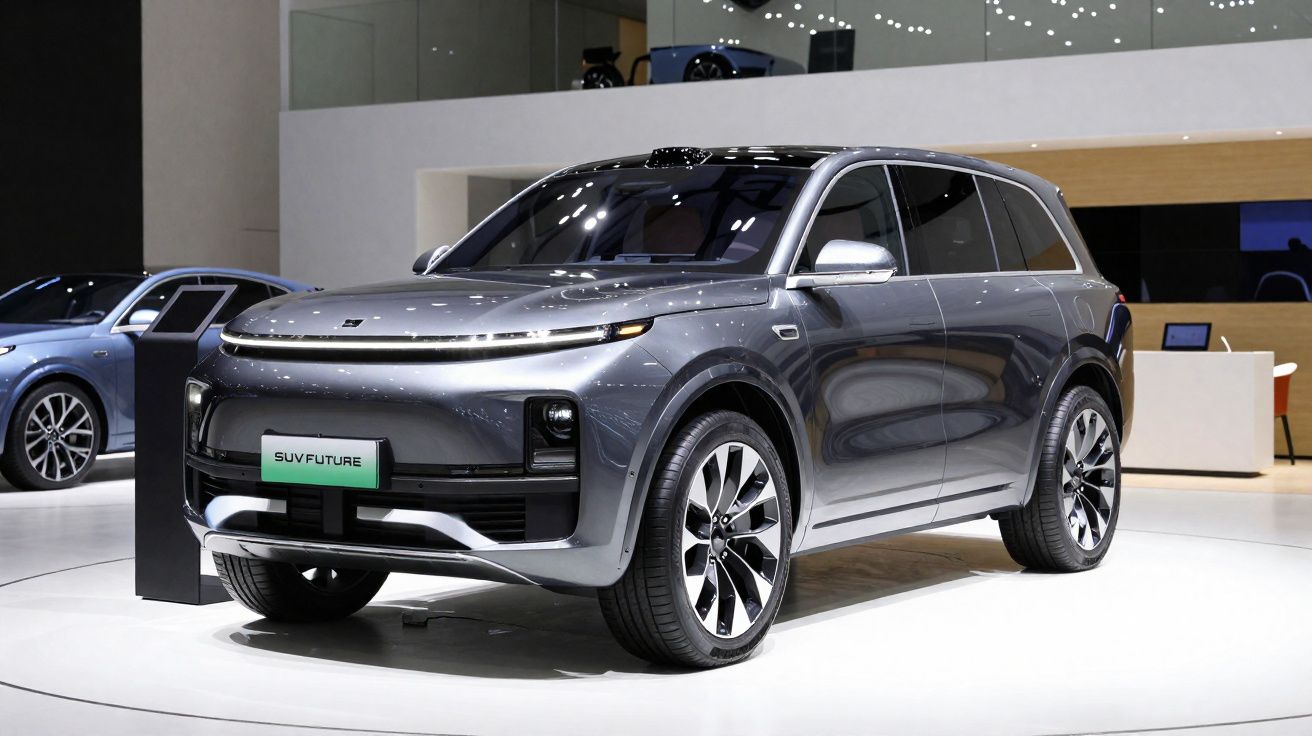 SUV elétrico cinzento metalizado exposto numa feira automóvel, com design moderno e linhas suaves.