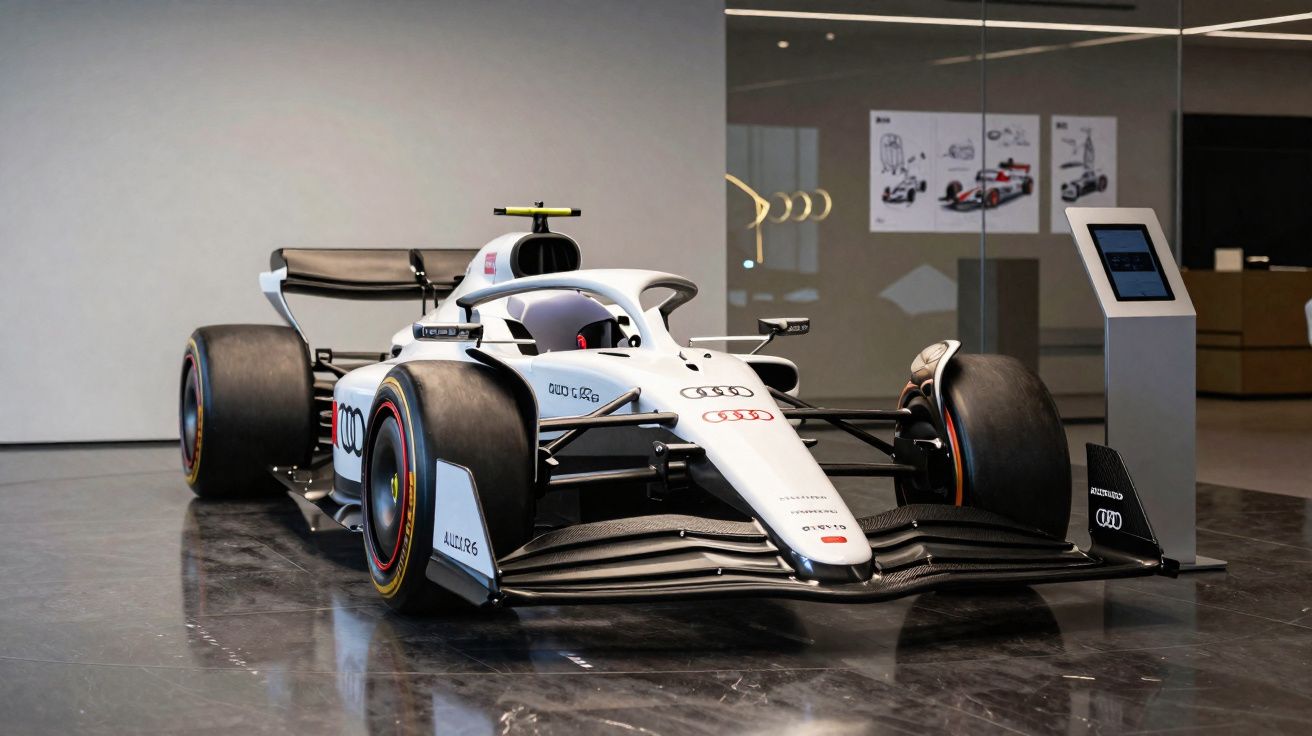 Carro de Fórmula 1 branco da Audi exposto em ambiente moderno com piso reflexivo.