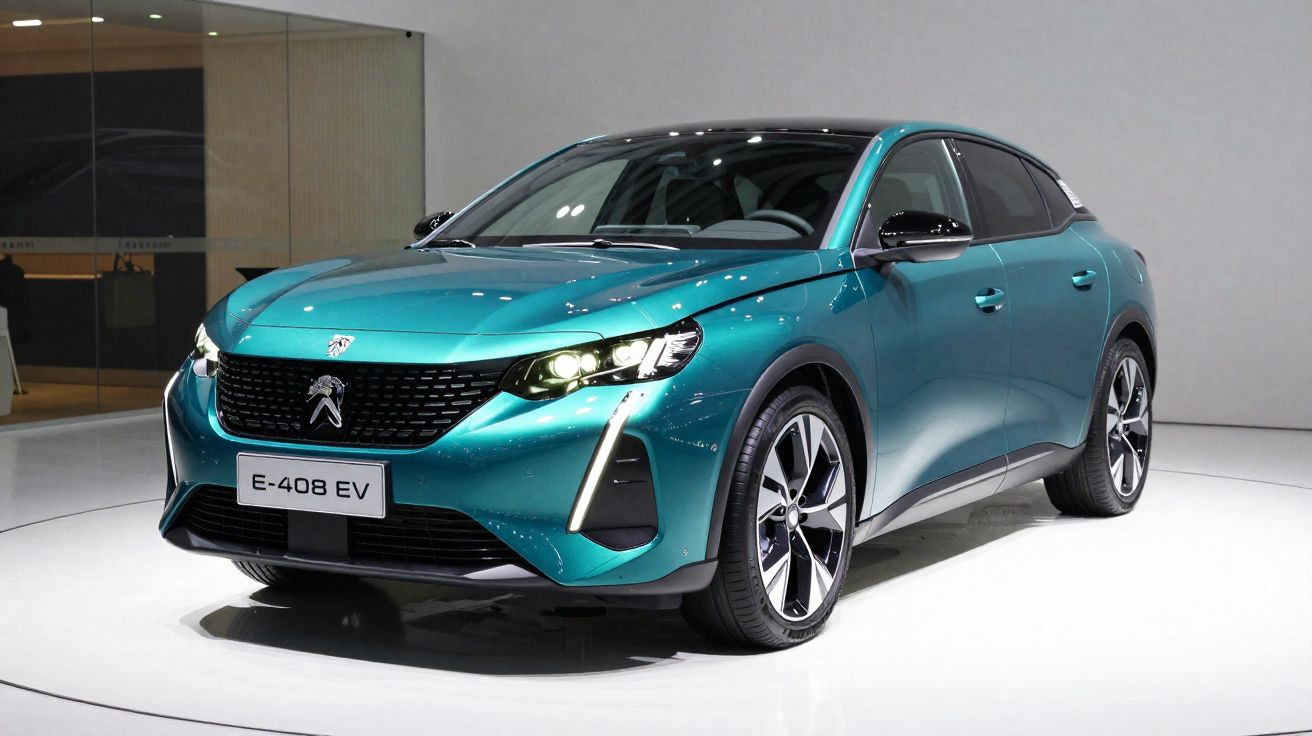 Peugeot E-408 EV verde azul exibido em stand, com faróis ligados e design moderno e aerodinâmico.