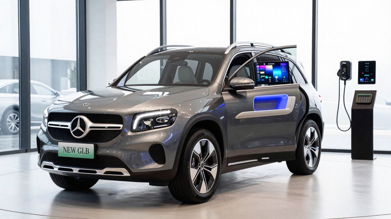 Carro elétrico Mercedes-Benz cinza estacionado em showroom moderno com estação de carregamento.