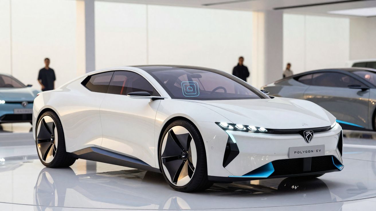 Carro desportivo elétrico branco estacionado em exposição com design moderno e linhas aerodinâmicas.