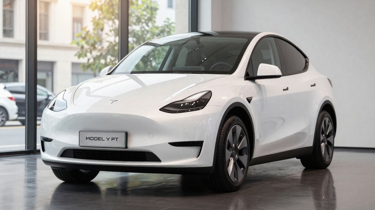 Tesla Model Y branco estacionado numa sala com janelas amplas e luz natural.