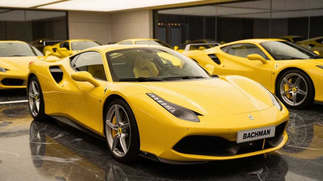Carro desportivo amarelo Ferrari estacionado em interior com reflexos no piso em mármore.