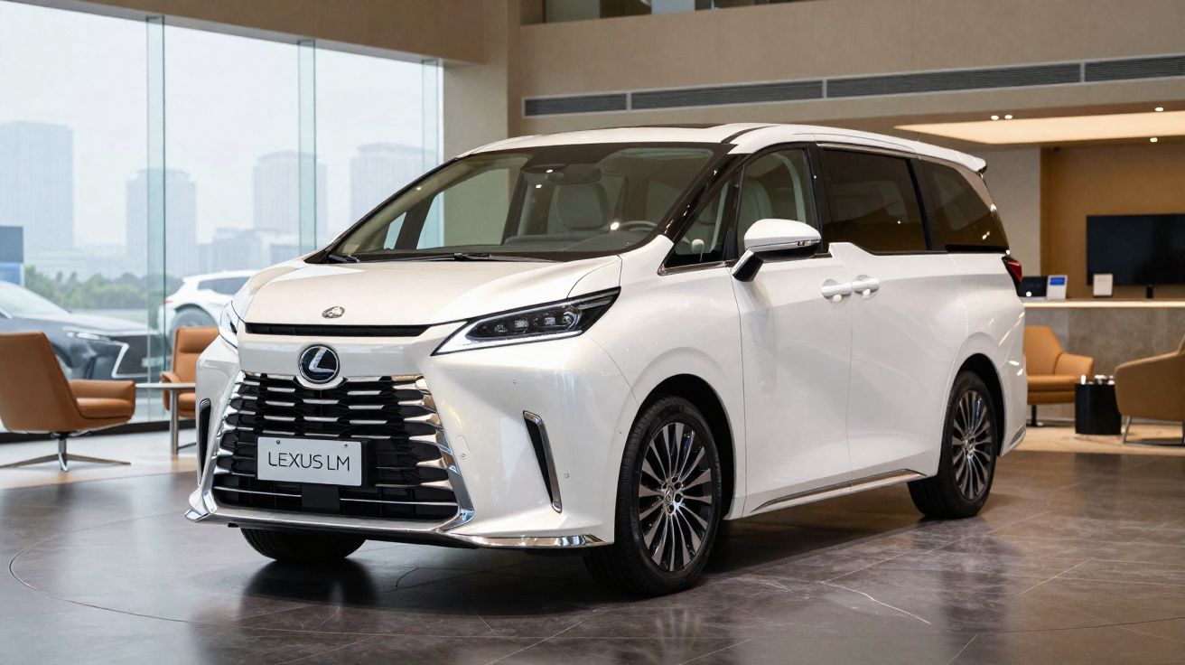 Lexus LM branco estacionado em sala de exposição moderna com poltronas castanhas e paredes de vidro.