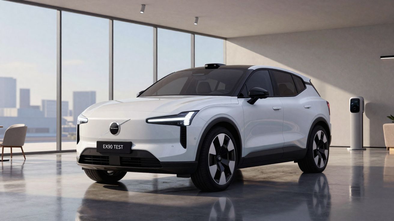 Carro elétrico Volvo branco estacionado dentro de garagem moderna com janelas amplas.