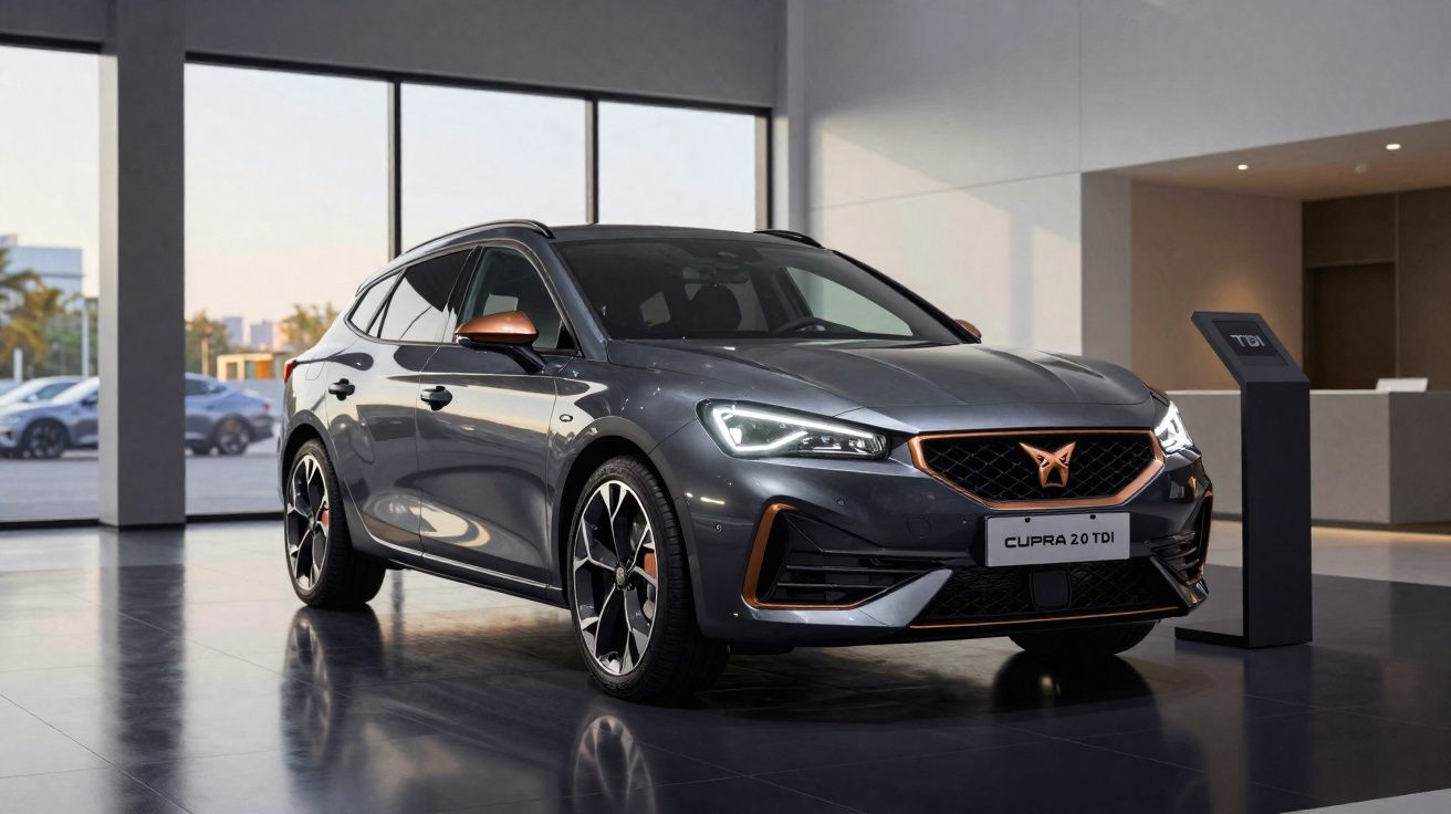 Carro desportivo cinza Cupra 2.0 TDI estacionado em showroom moderno com iluminação natural.