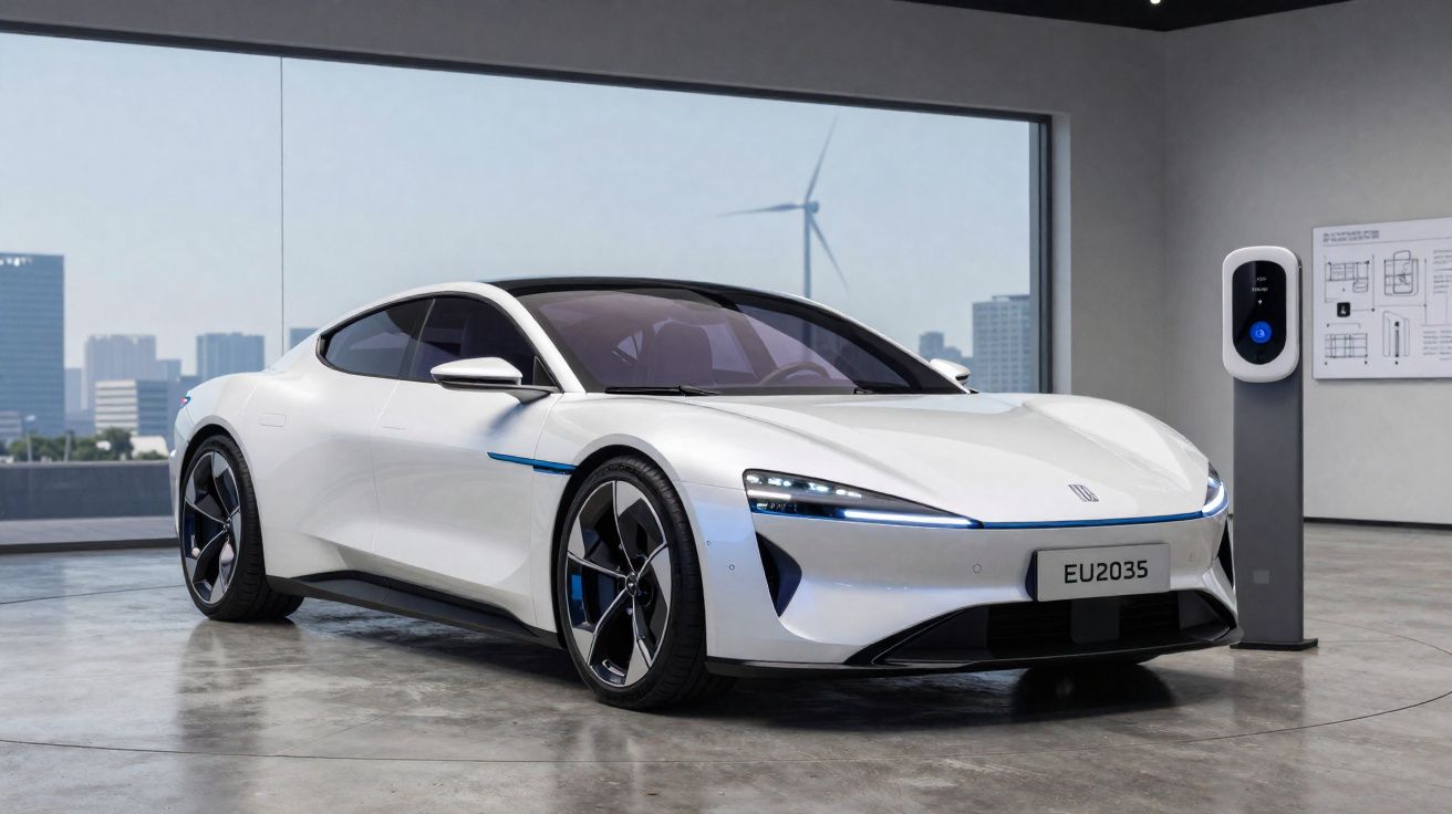 Carro elétrico branco moderno estacionado em interior junto a posto de carregamento.