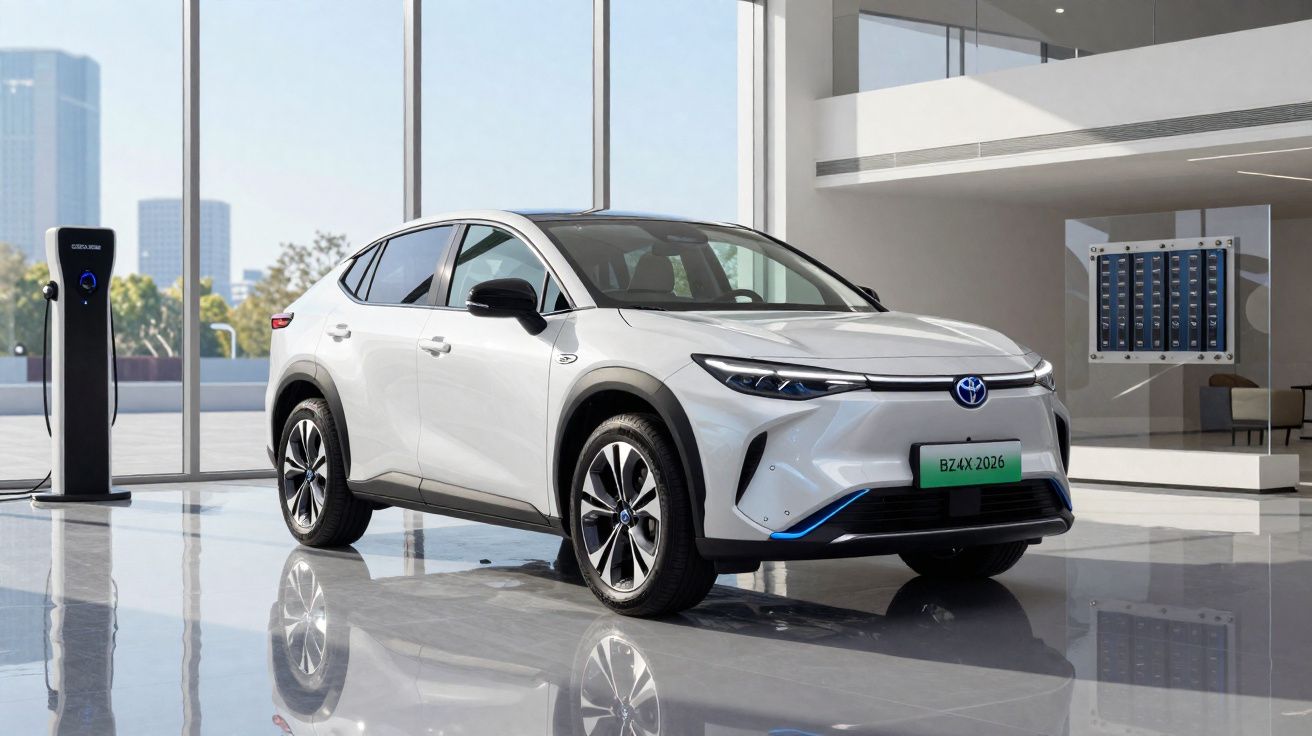 Carro elétrico branco Toyota BZ4X estacionado num espaço moderno com carregador elétrico.