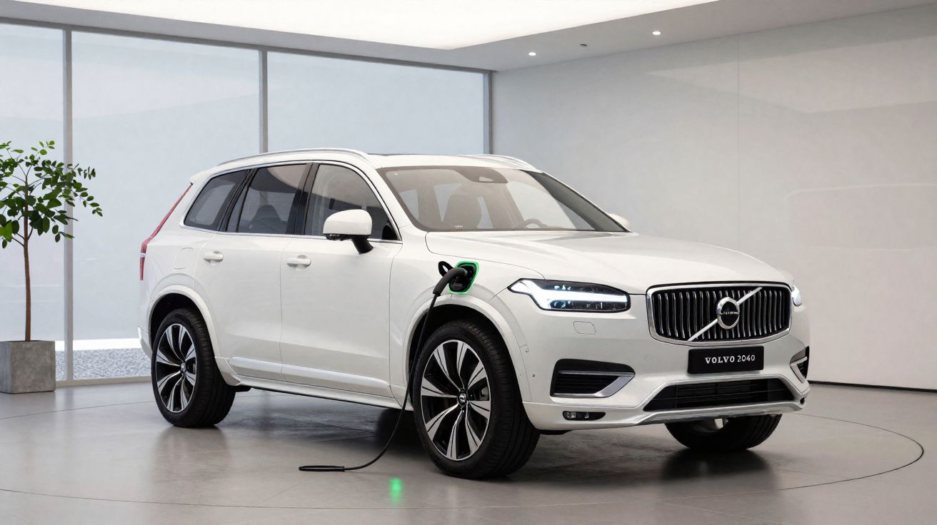 Carro elétrico Volvo branco a carregar num ambiente interior moderno, com piso cinzento e planta ao fundo.