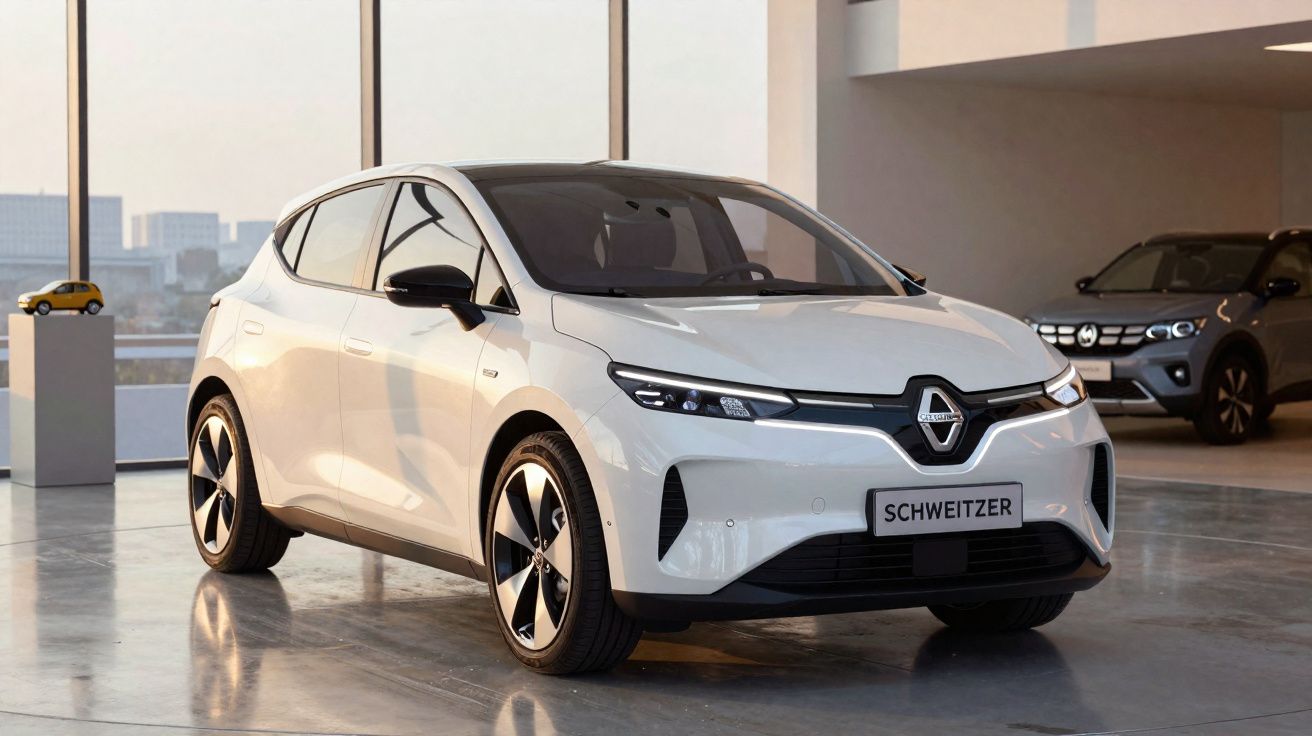 Carro elétrico branco Renault com design moderno, estacionado em showroom iluminado.