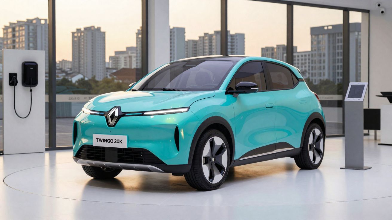Automóvel elétrico Renault Twingo 20K turquesa numa exposição interior com vista urbana.