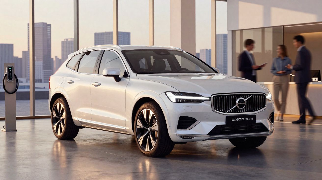 Carro elétrico branco Volvo XC60 estacionado em sala moderna com pessoas e carregador elétrico ao lado.