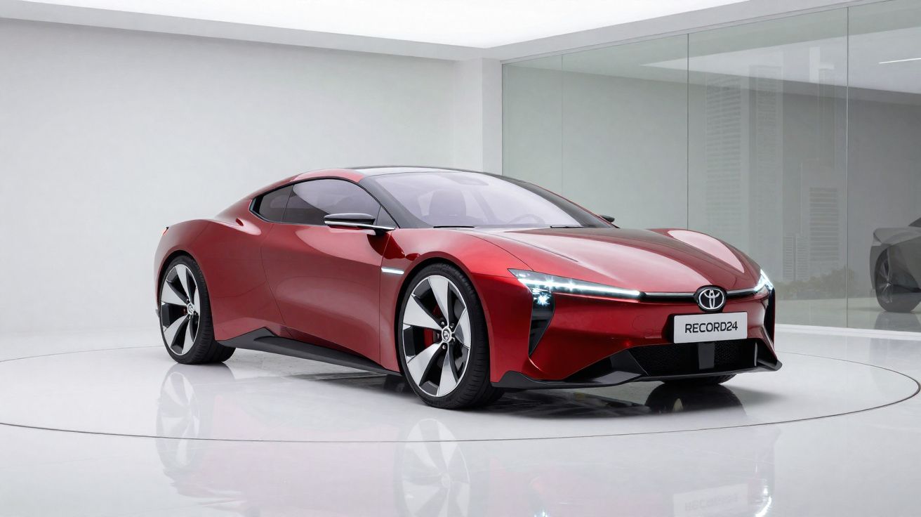 Carro desportivo elétrico Toyota vermelho estacionado numa sala branca moderna com piso brilhante.