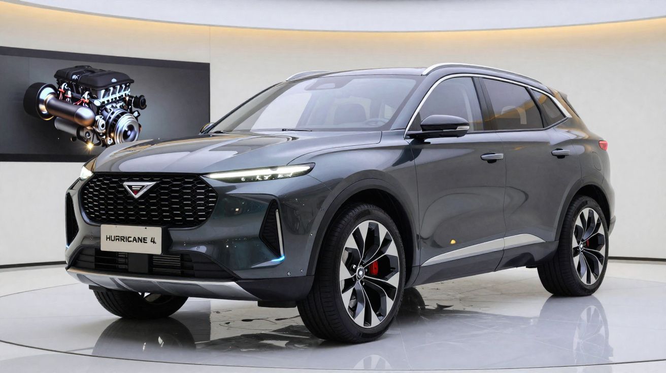Carro SUV cinza escuro modelo Hurricane 4 em exposição interior com motor em destaque na parede.