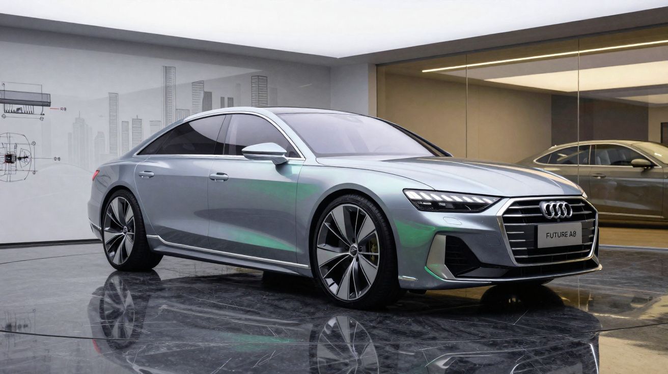 Carro elétrico Audi Future A8 prateado num showroom moderno com piso refletor e parede com desenho de cidade.
