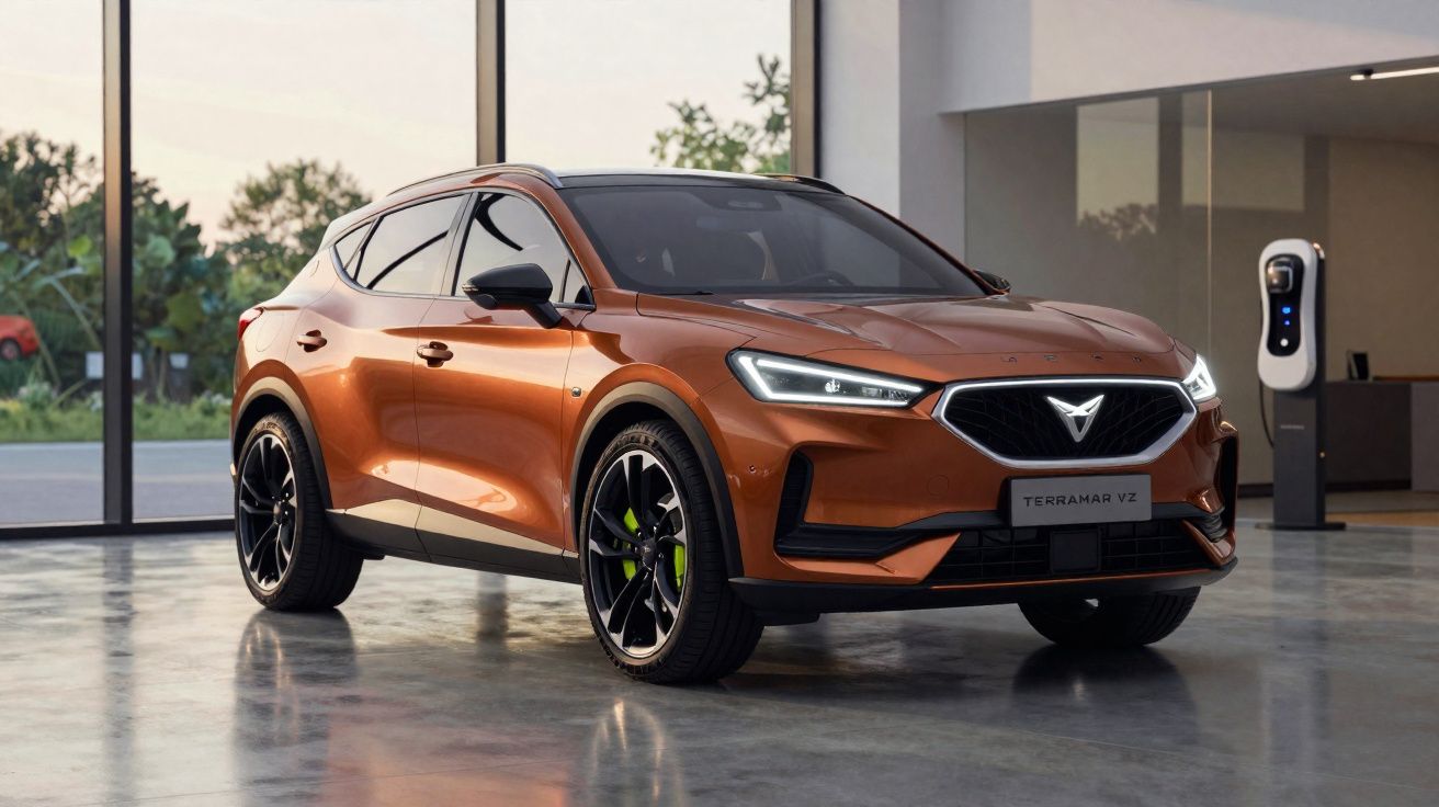 SUV eléctrico Cupra Terramar VZ cor bronze numa garagem moderna com estação de carregamento.