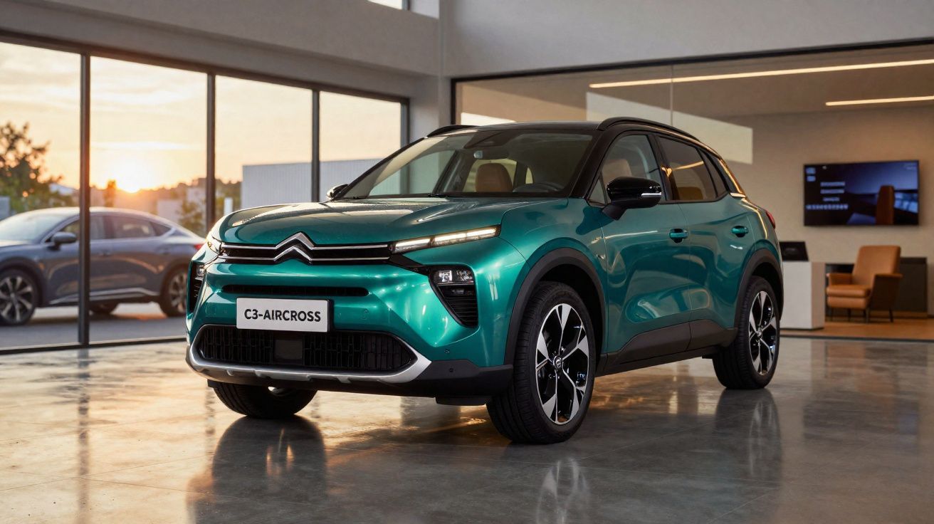 Automóvel Citroën C3 Aircross verde em exibição numa sala moderna com grandes janelas.