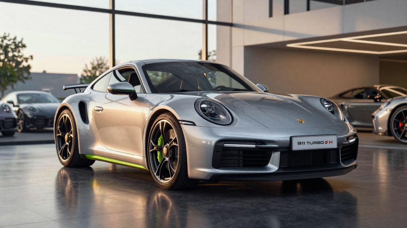 Porsche 911 Turbo S H em prata exibido numa garagem moderna com luz natural e outros carros ao fundo.