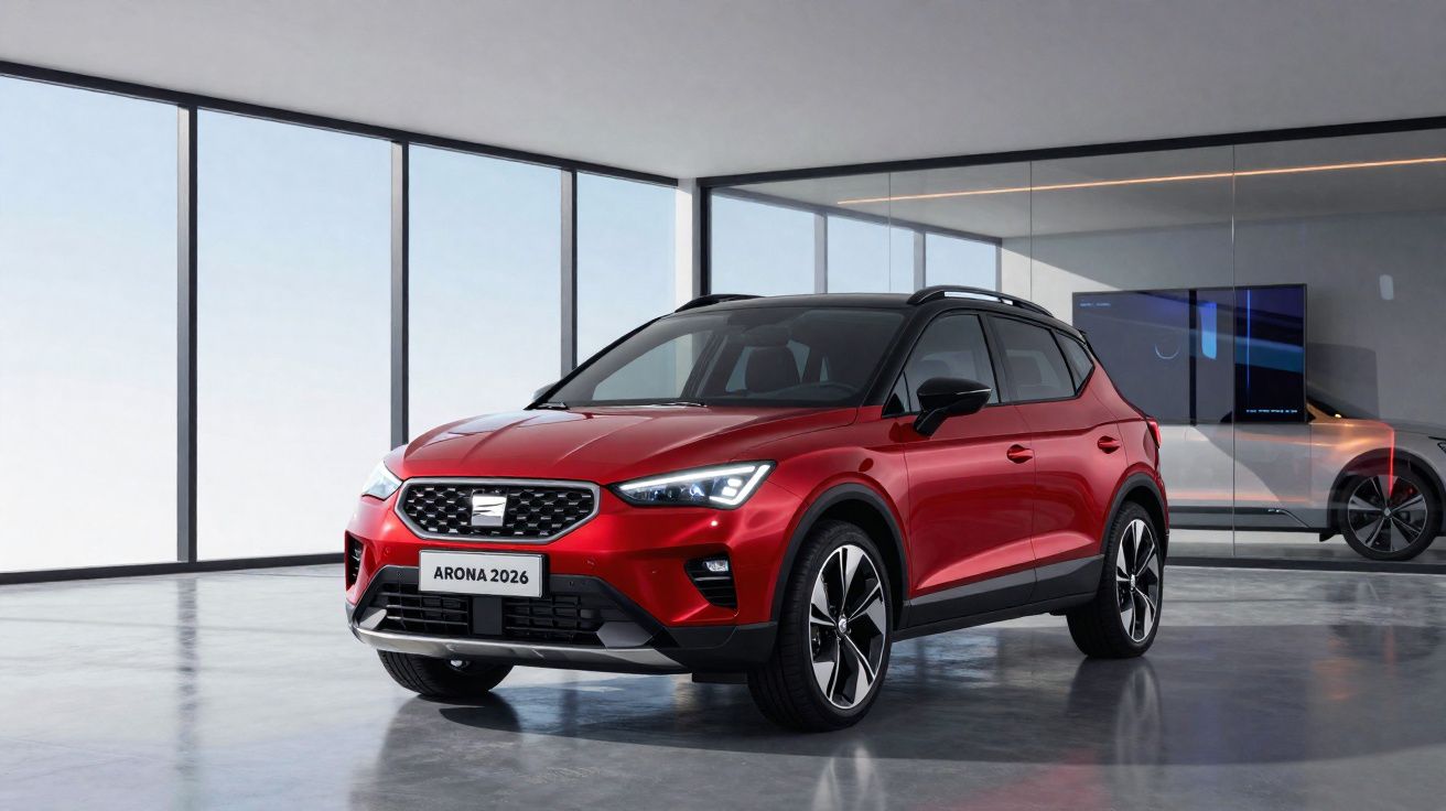 Carro Seat Arona 2026 vermelho estacionado em salão moderno com parede de vidro e reflexo lateral.