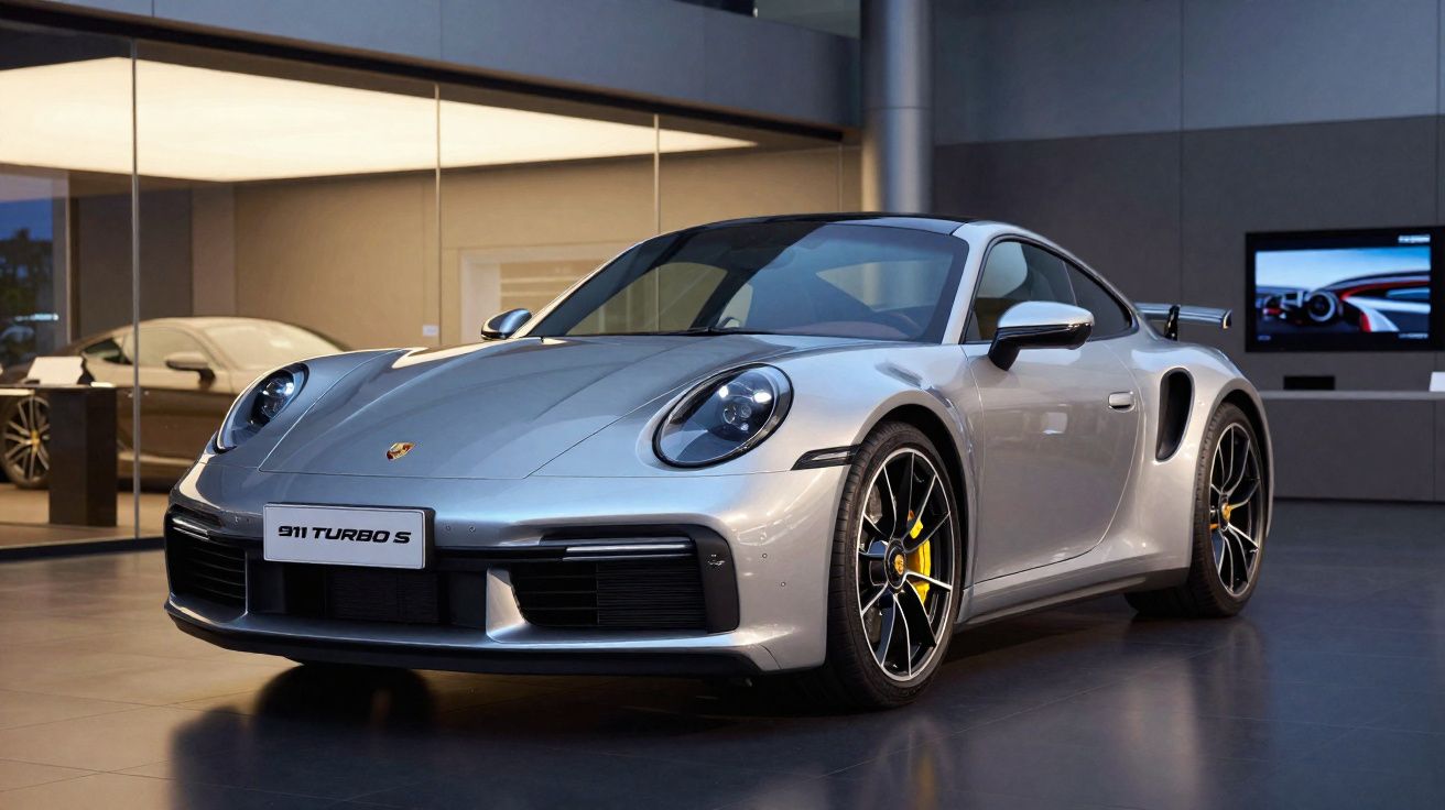 Carro desportivo Porsche 911 Turbo S prateado estacionado em espaço interior moderno e sofisticado.