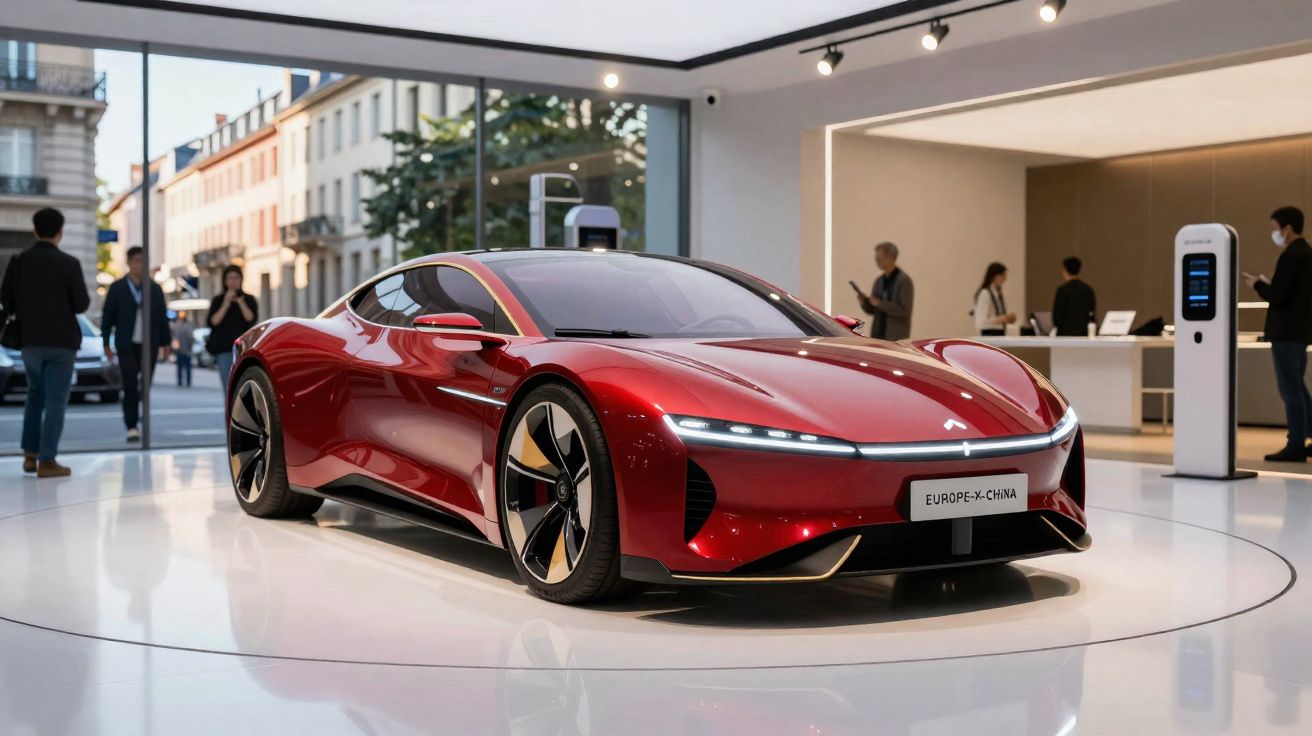 Carro desportivo elétrico vermelho exibido numa feira, com pessoas e edifícios ao fundo.