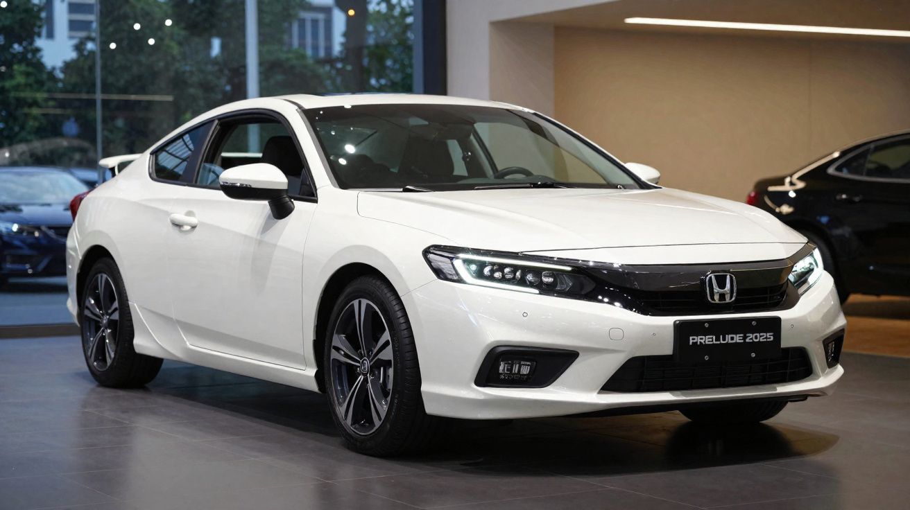 Carro desportivo branco Honda Prelude 2025 estacionado em sala de exposição moderna.