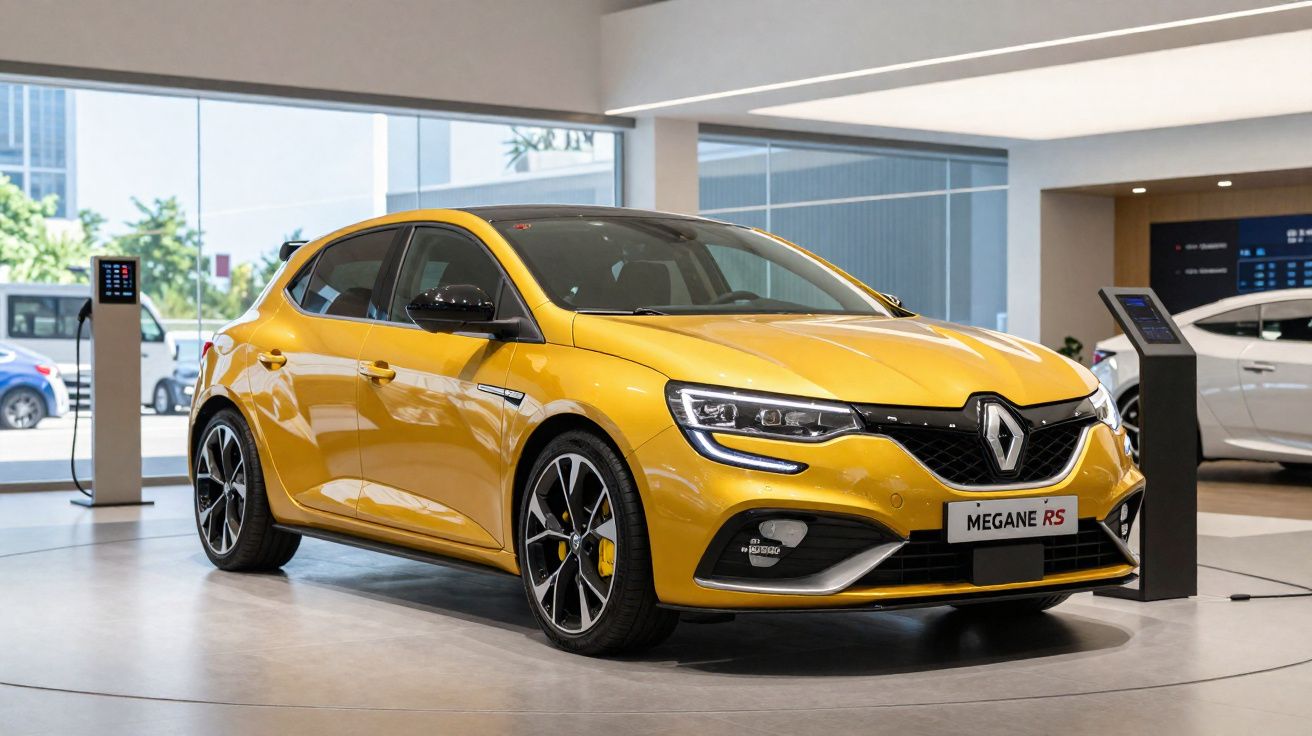 Automóvel amarelo Renault Megane RS em exposição numa sala moderna com grandes janelas.