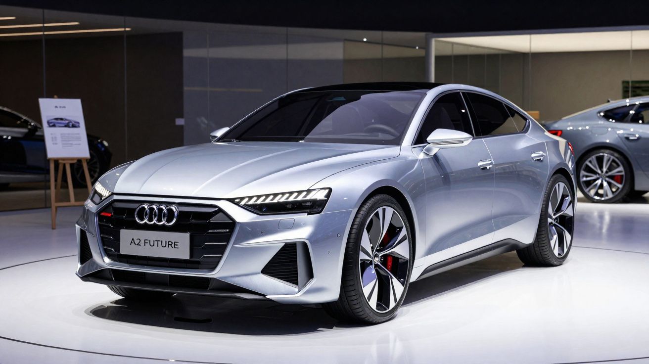 Carro Audi A2 Future prata, moderno, exibido num salão de automóveis com iluminação brilhante.