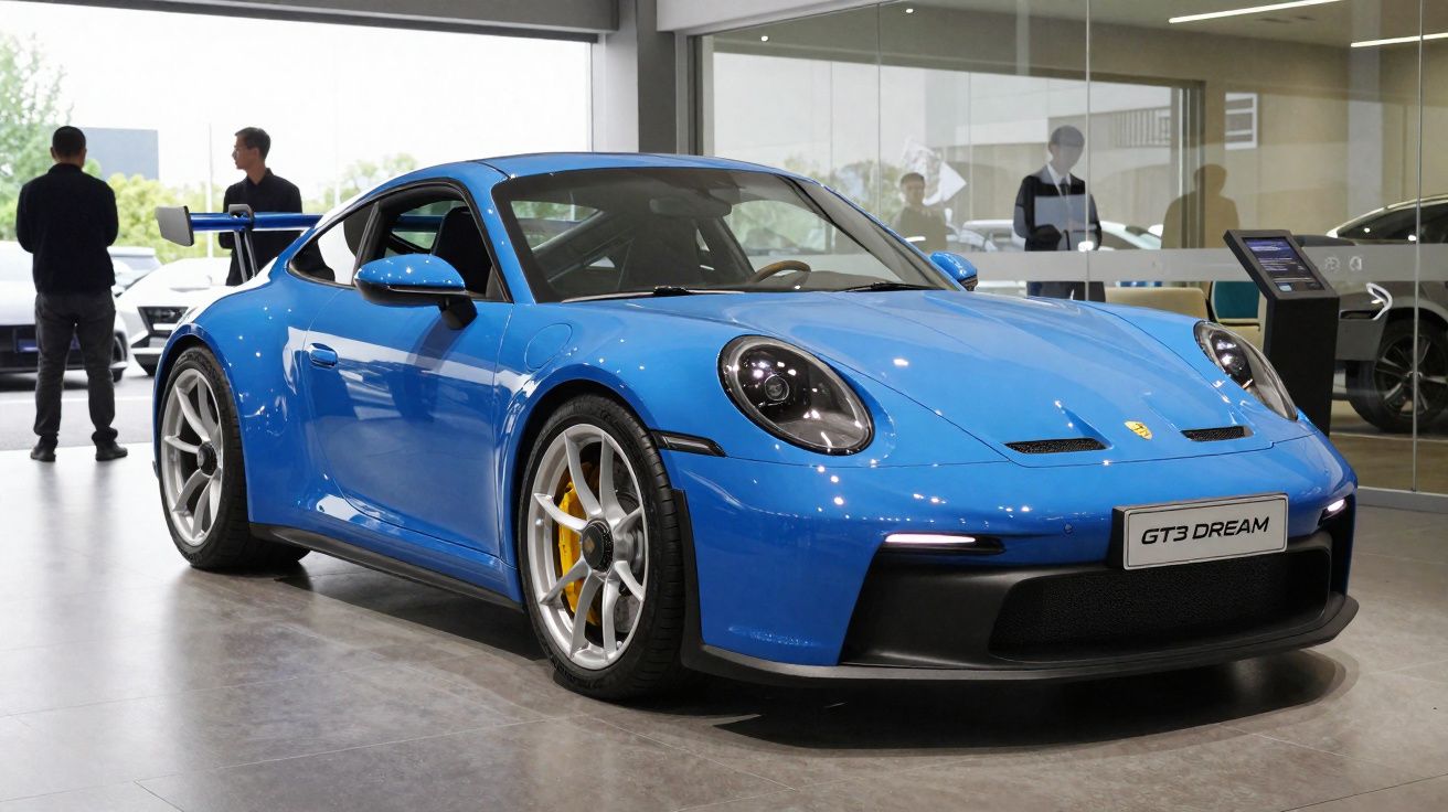 Carro desportivo azul Porsche GT3 estacionado em salão de exposição com pessoas ao fundo.