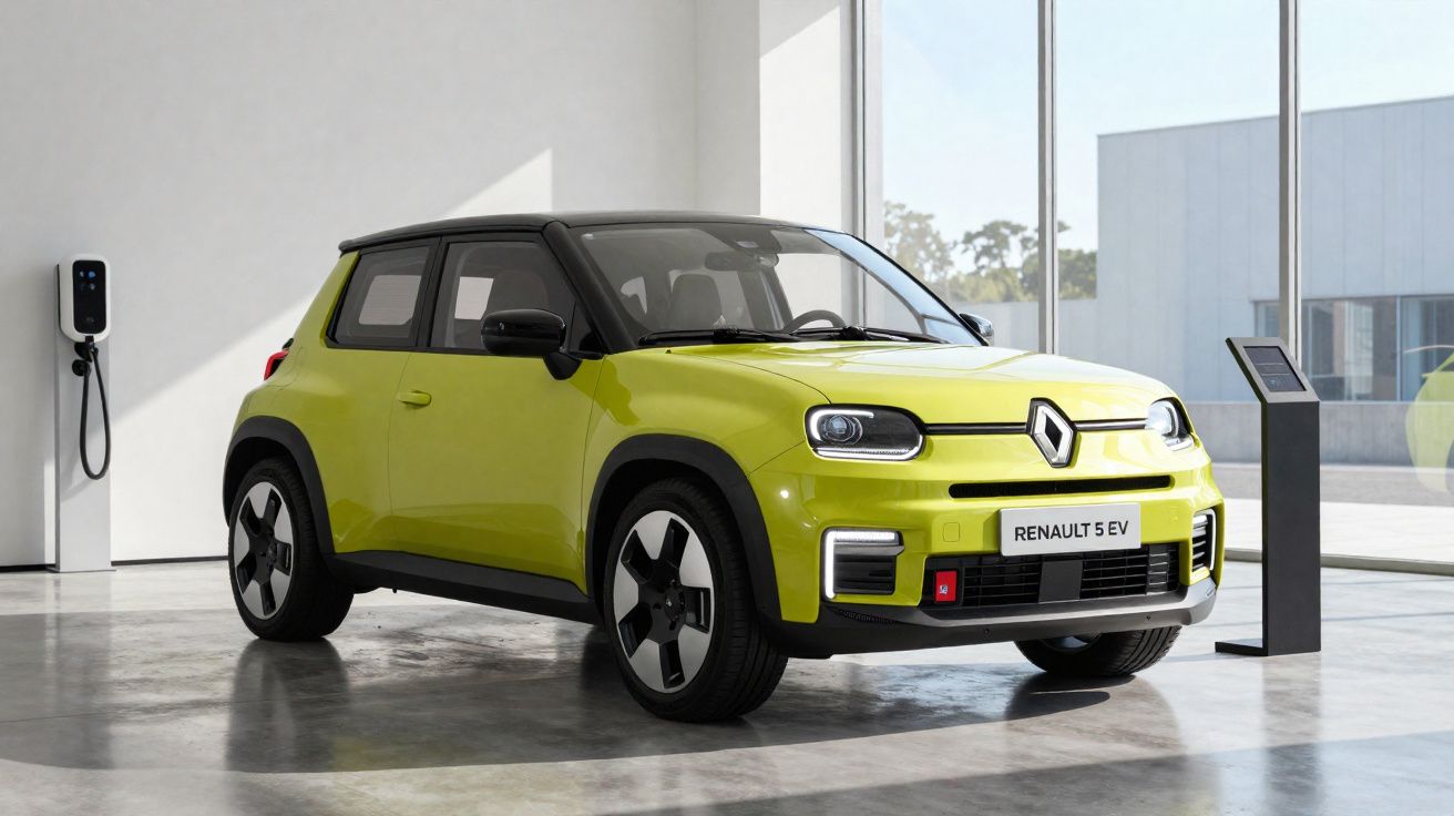 Automóvel elétrico Renault 5 EV amarelo estacionado numa garagem moderna com carregador à esquerda.