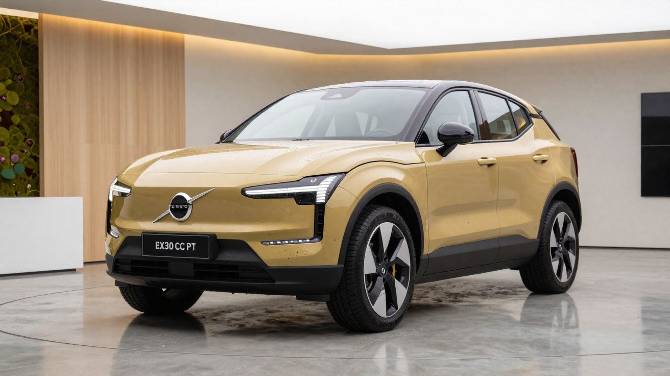 Carro elétrico Volvo EX30 dourado estacionado em espaço interior moderno com chão refletor.