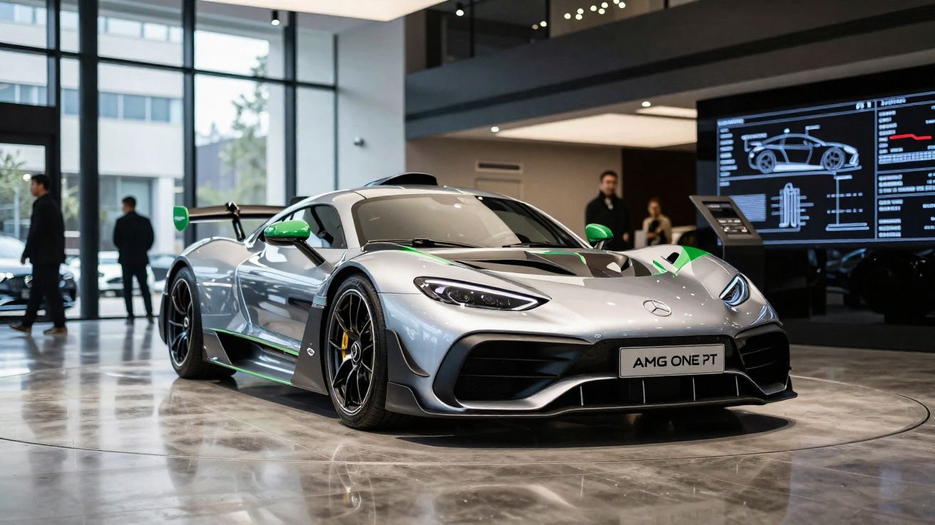 Carro desportivo Mercedes AMG One PT prateado com detalhes verdes em exposição numa sala moderna.