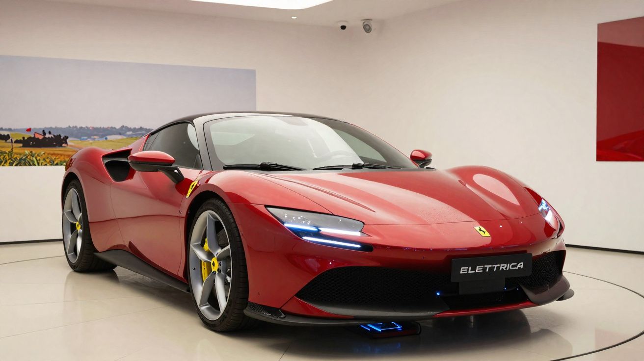 Carro desportivo vermelho Ferrari Elettrica exposto em ambiente interior moderno e minimalista.