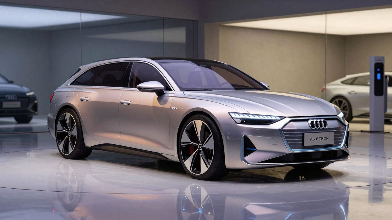 Audi A6 Avant e-tron elétrico prata estacionado em showroom moderno com paredes de vidro.