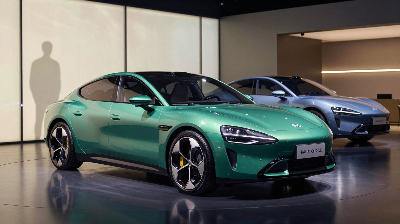 Dois carros elétricos desportivos Kauai Choice em exposição, um verde à frente e outro azul atrás.