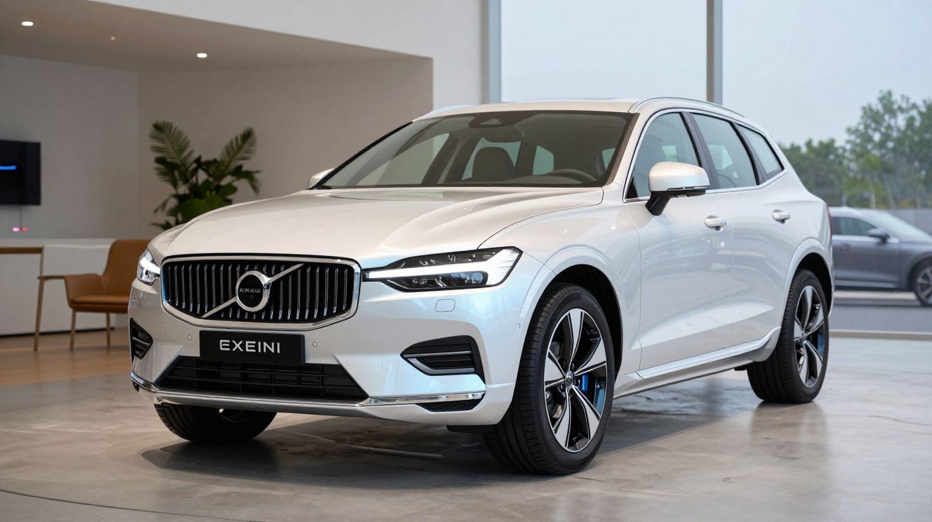 Carro Volvo branco modelo EXEINI exposto numa sala com grandes janelas e mobiliário moderno.