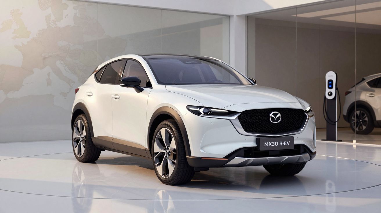 Automóvel elétrico branco Mazda MX30 R-EV estacionado numa sala moderna com carregador elétrico.