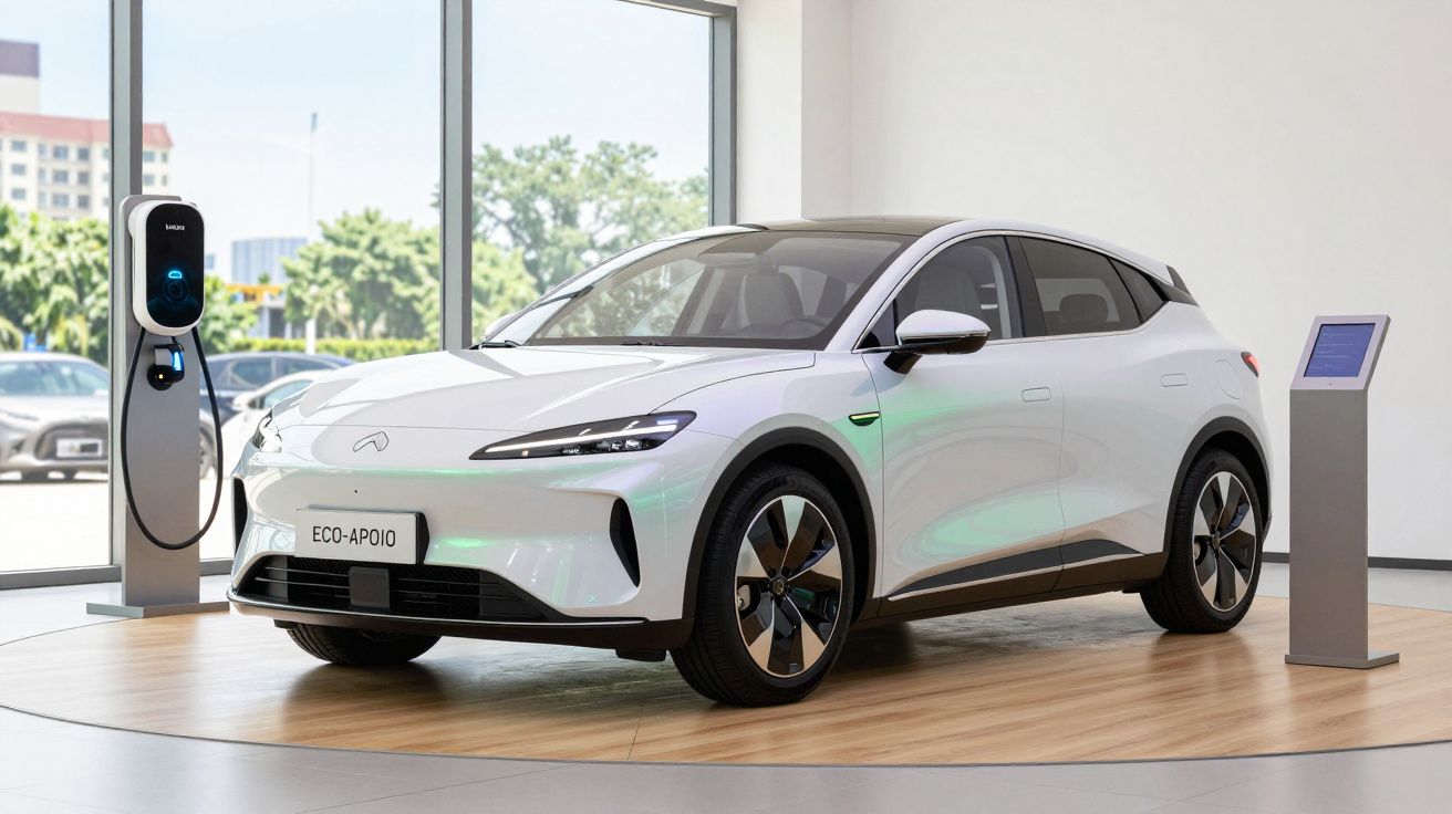 Carro elétrico branco numa exibição interior com estação de carregamento e ecrã interativo ao lado.