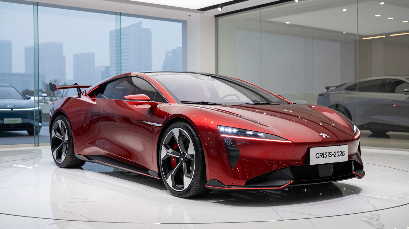 Carro desportivo elétrico vermelho brilhante exibido numa sala de exposição moderna com janelas panorâmicas.