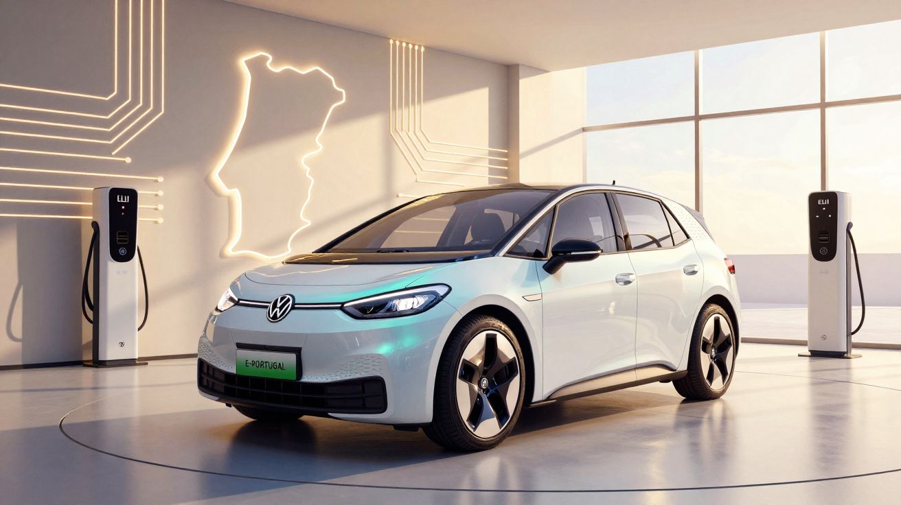 Carro elétrico branco Volkswagen numa estação de carregamento com mapa luminoso de Portugal na parede.
