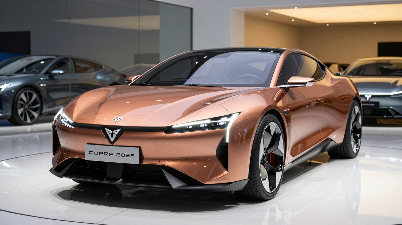 Carro desportivo elétrico Cupra 2025 de cor bronze exibido numa exposição automóvel moderna.