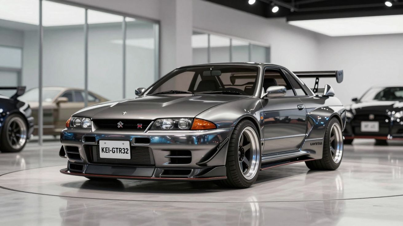Carro desportivo Nissan Skyline GT-R R32 cinza metálico em exposição num showroom moderno.