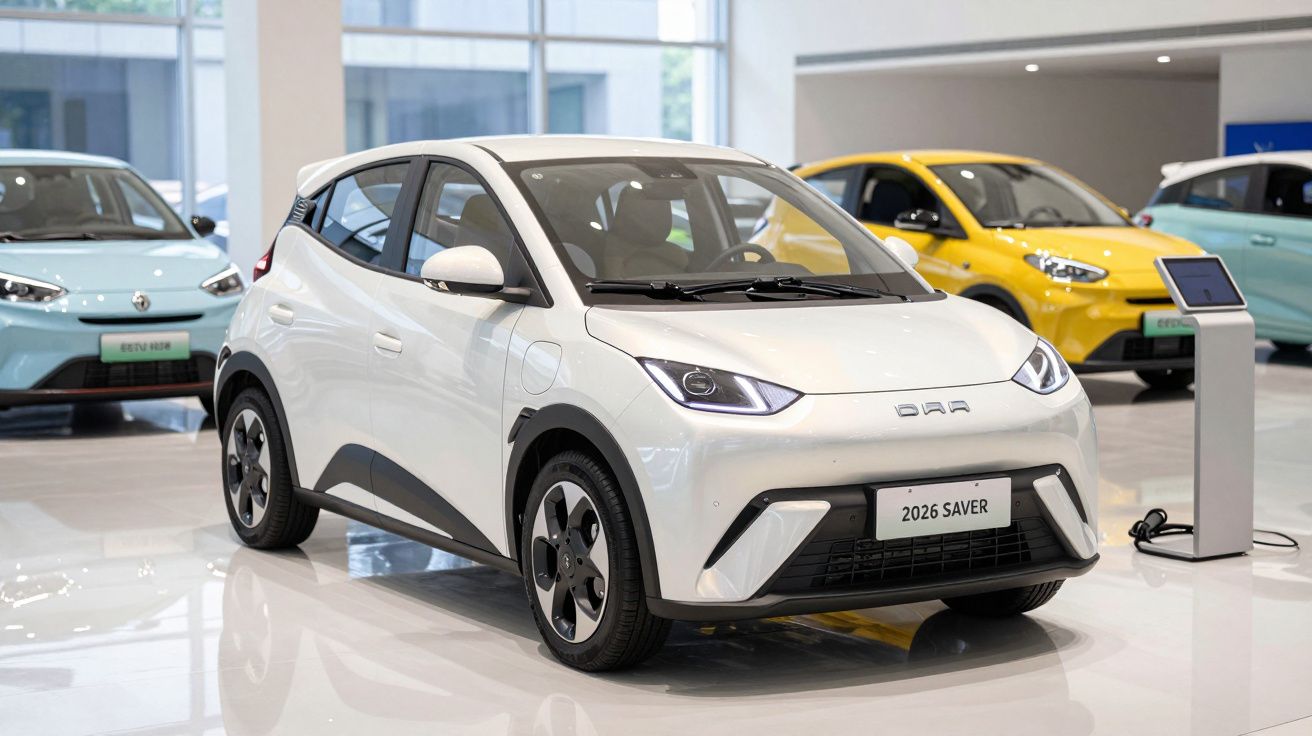 Carro elétrico branco modelo 2026 SAVER em exposição numa sala de vendas com mais veículos ao fundo.
