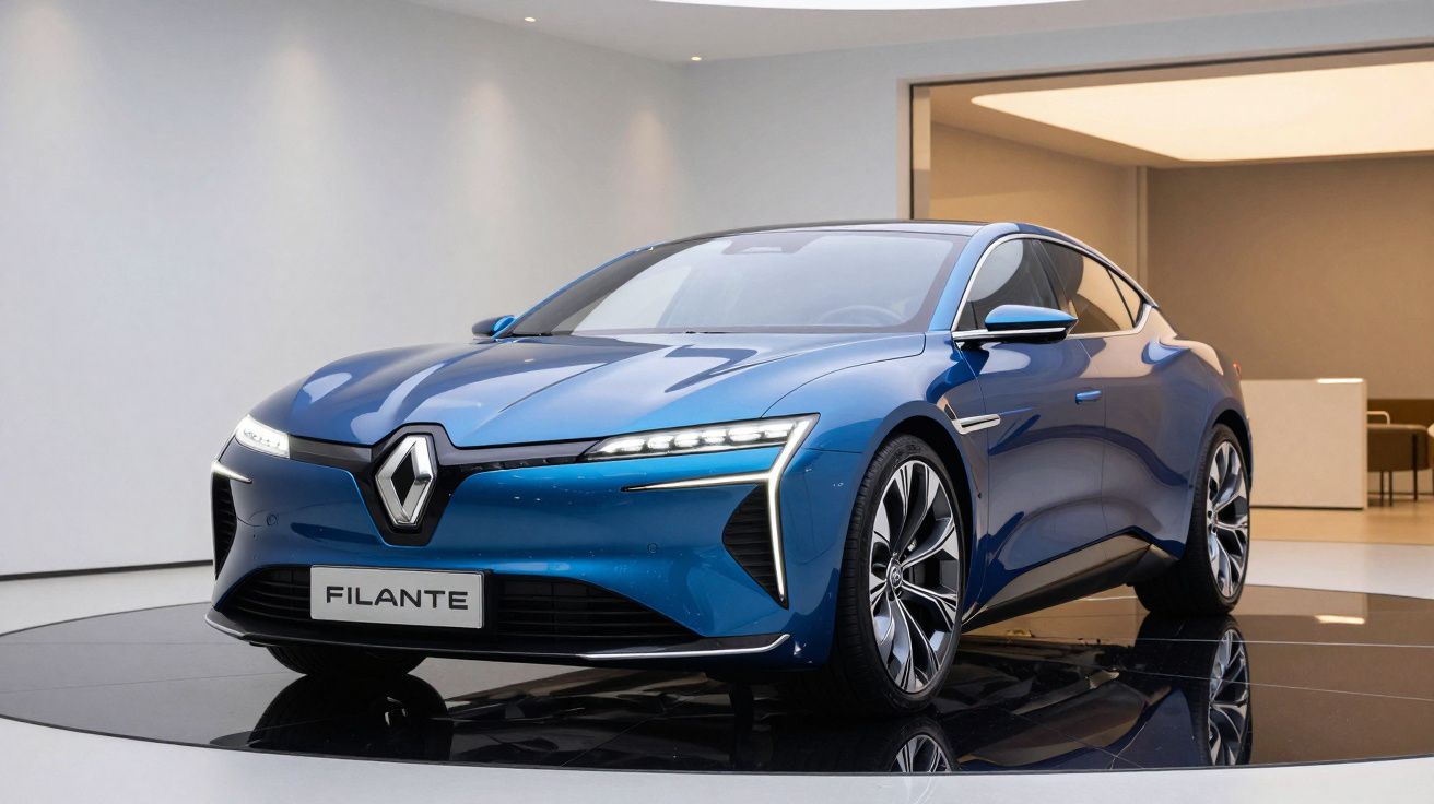 Carro elétrico Renault Filante azul exibido numa sala moderna com piso refletor.