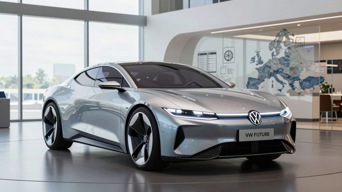 Carro elétrico cinzento Volkswagen VW Future exibido num showroom moderno com janelas grandes.