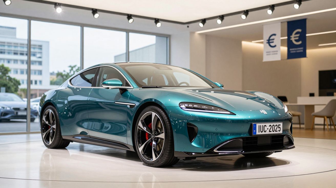 Carro elétrico desportivo verde exposto numa sala de showroom moderna com chão branco e luzes ao teto.