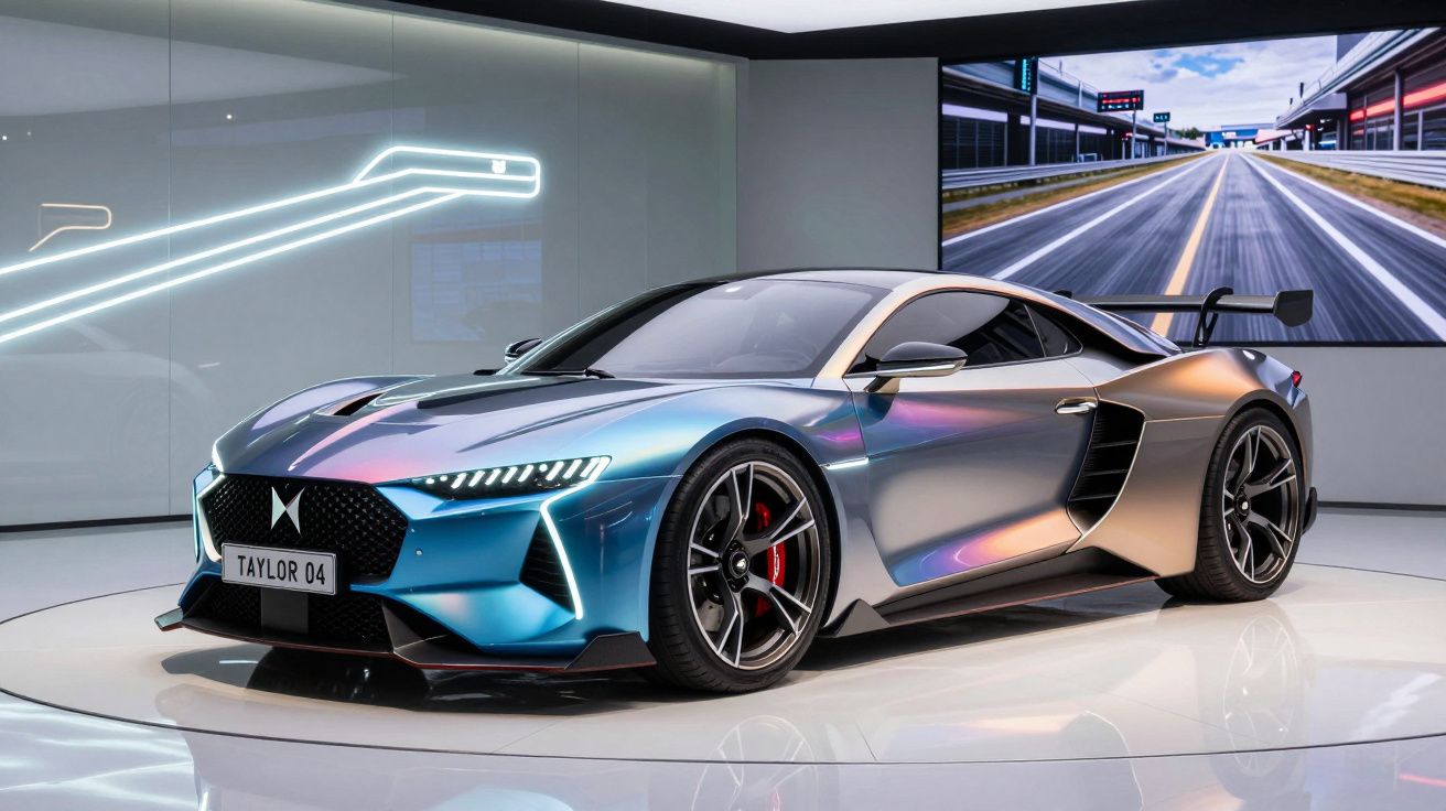 Carro desportivo azul metálico com design aerodinâmico exposto em salão moderno e iluminado.